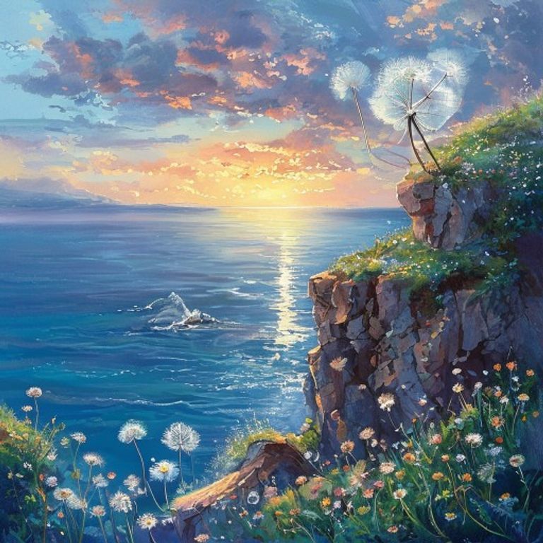 A small dandelion seed nestled in a crack of a rocky cliff overlooking a blue sea, with gentle wind wrapping around it