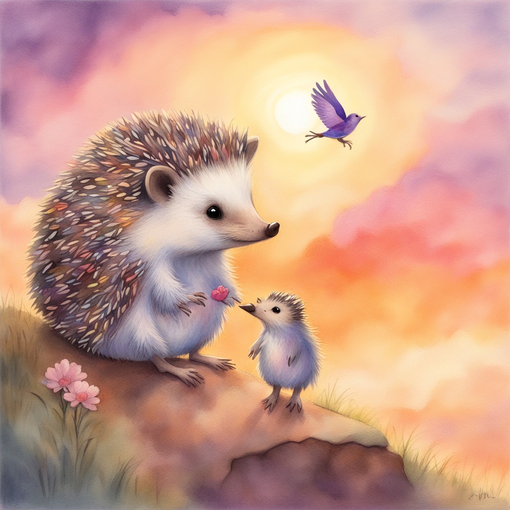 Hedgehog releasing healed bird at sunset