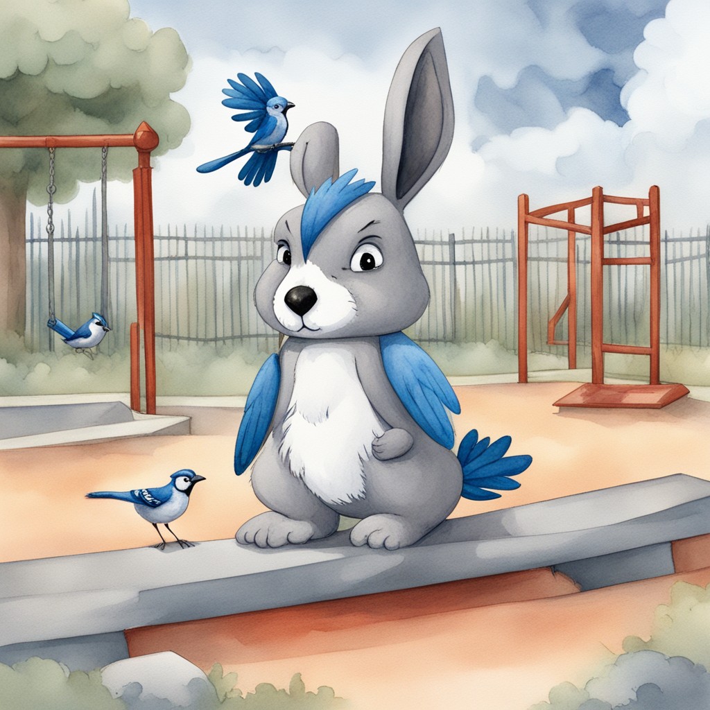 Mila the bunny and Theo the blue jay arguing at the playground over a shiny marble