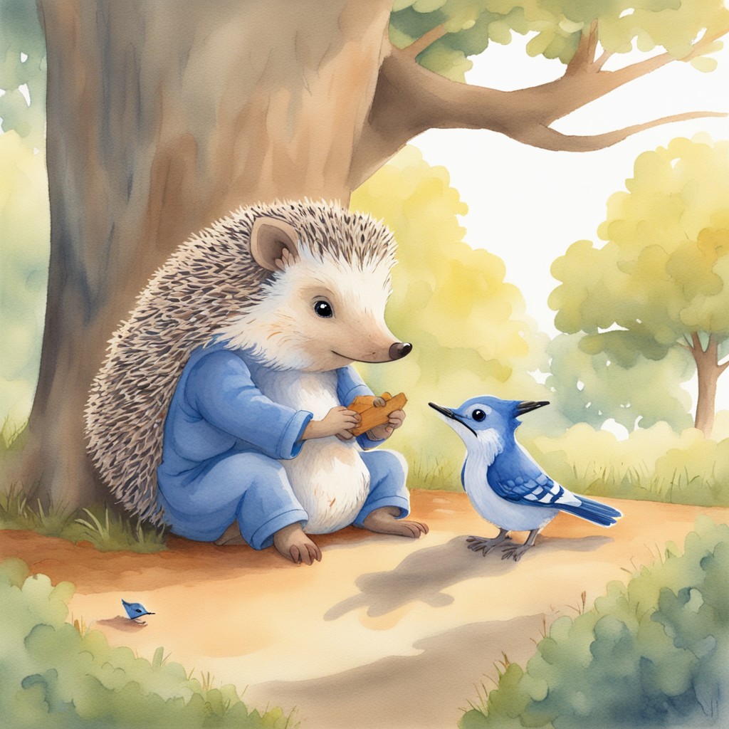 Mrs. Maple the hedgehog talking gently with Mila and Theo at the playground