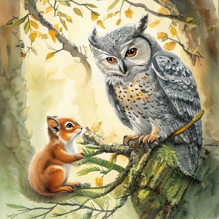 An ancient wise owl with silver and grey feathers and warm amber eyes perched on a yew branch, gently teaching a small young squirrel below in soft golden forest light