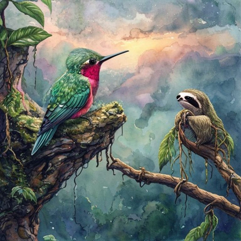 Small ruby-throated hummingbird with emerald feathers perched on mossy cliff ledge in cloud forest at dusk meeting a green sloth hanging from twisted root magical mountain setting children book illustration pastel style soft watercolor