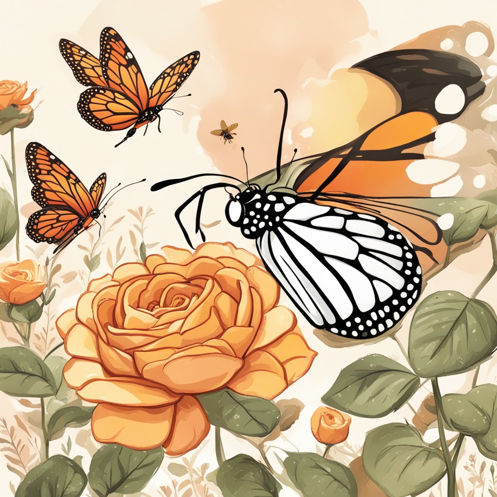 Monarch butterfly teaching Buzzy about mindfulness on a rose petal