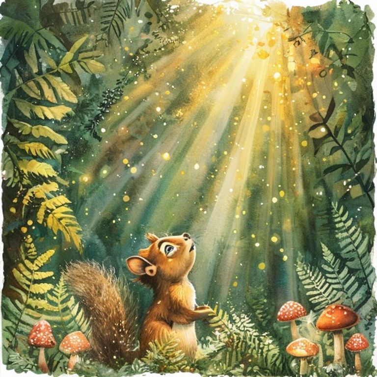 A young squirrel looking up in wonder at golden sunbeams filtering through forest canopy, surrounded by beautiful ferns, glowing mushrooms, and magical dust motes dancing in light