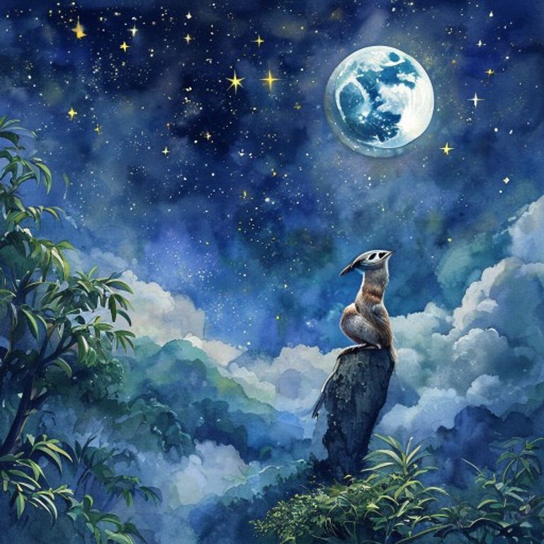 Hummingbird and sloth on mountain ledge at night watching full moon rise over cloud forest stars appearing one by one magical serene moment children book illustration pastel style soft watercolor