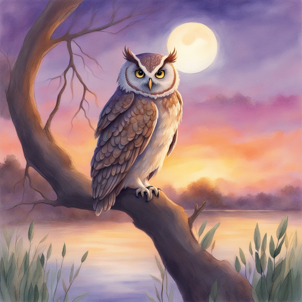Wise old owl perched on willow branch at sunset