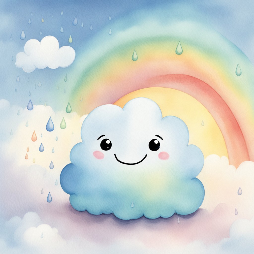 A worried raindrop being comforted by a rainbow raindrop friend