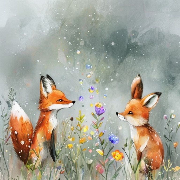 Close-up of beautiful wildflower petals with tiny dewdrops, each dewdrop holding a miniature rainbow inside, with a young fox, rabbit, and squirrel looking in wonder