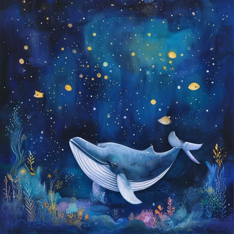 Young whale singing softly in the deep dark ocean with bioluminescent creatures listening