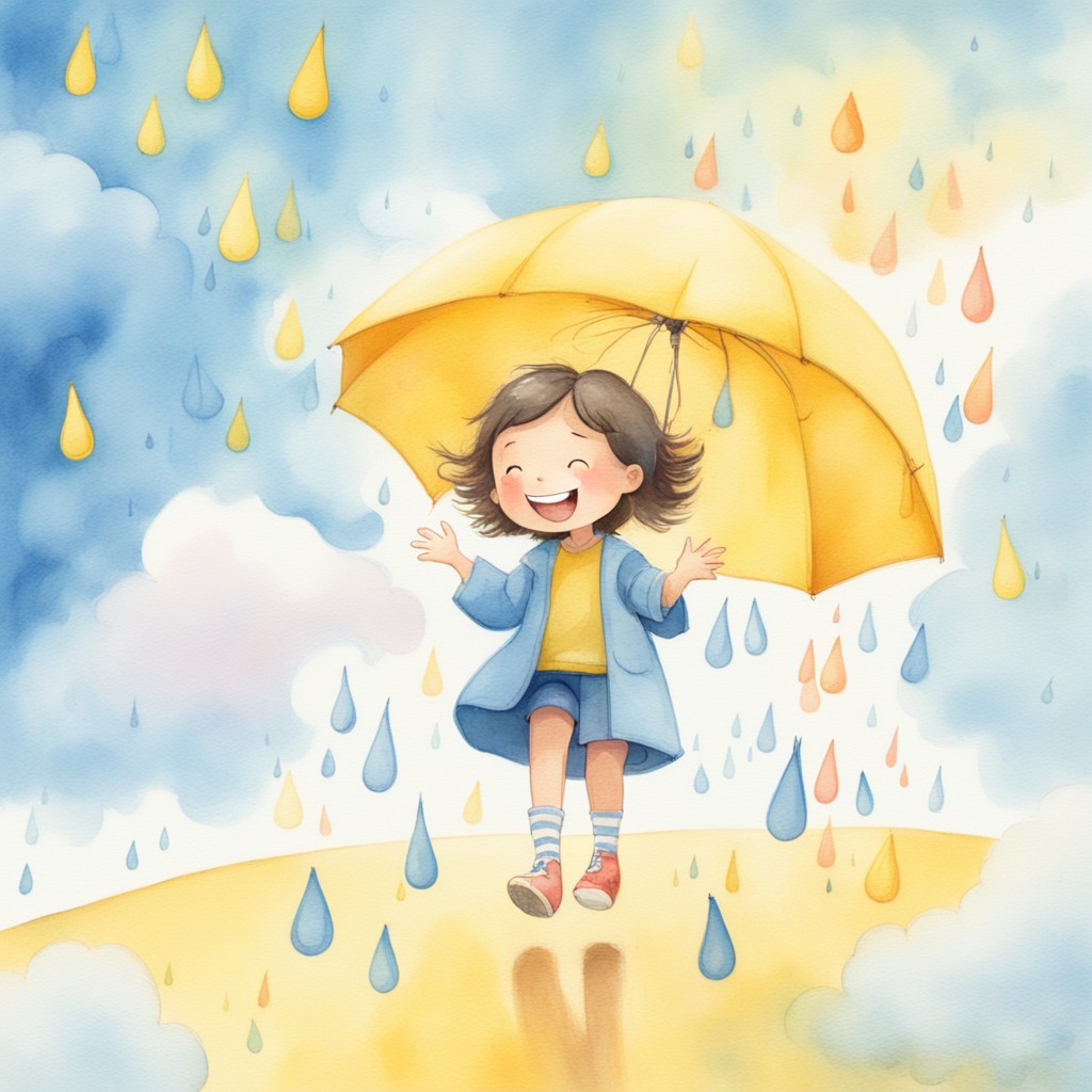 Dewdrop falling through the sky with her raindrop friends, discovering a rainbow