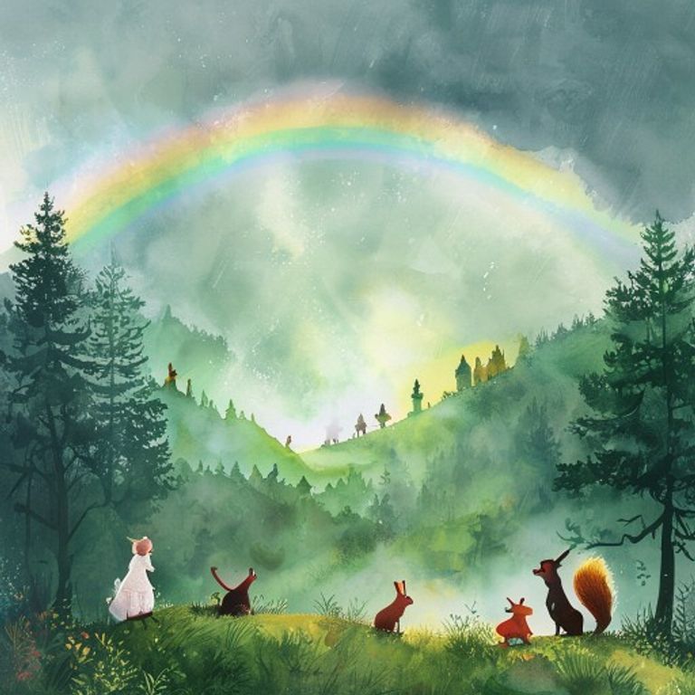 A breathtaking double rainbow arcing across a misty grey sky over a green valley, with silhouettes of forest animals looking up in awe from a hilltop