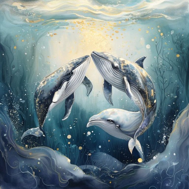 Two young whales meeting in the deep ocean, their songs intertwining as silver and gold light