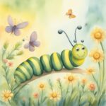 Small caterpillar looking up at butterflies in sunny garden