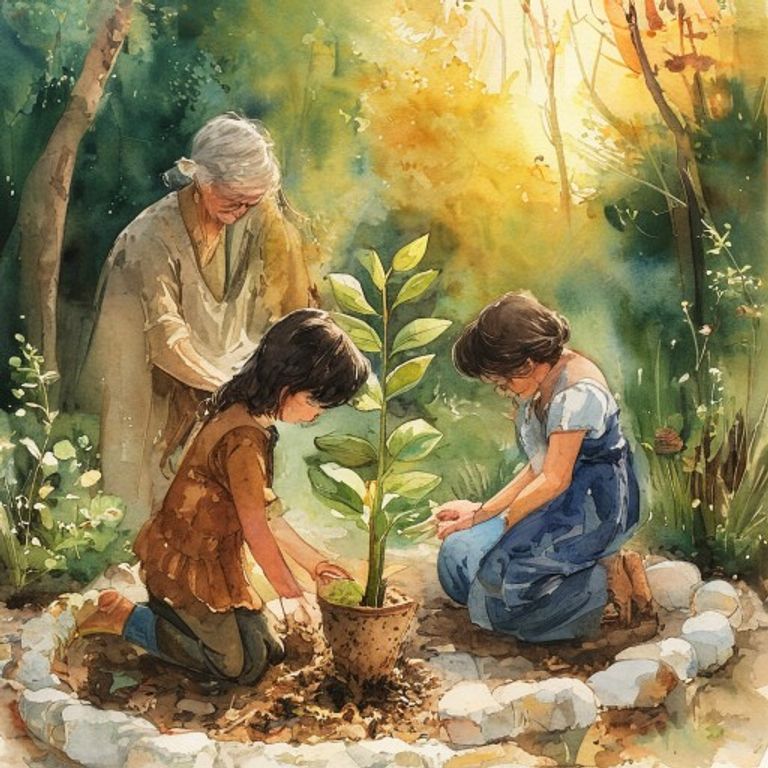 Young Mira tending the garden