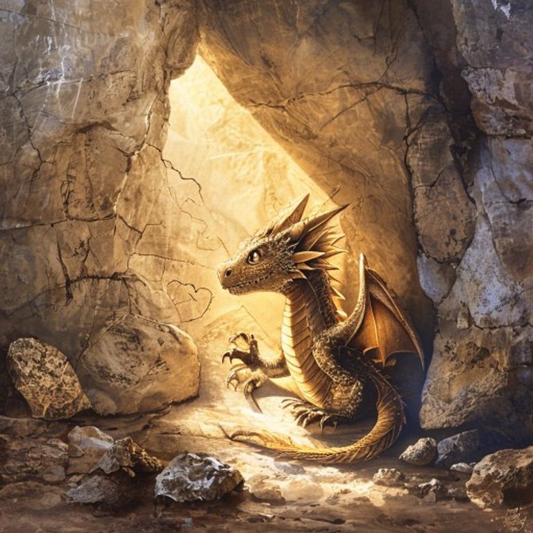 Young sunset-colored dragon looking at ancient claw-drawn stories on stone walls in a secret cave chamber, illuminated by golden light