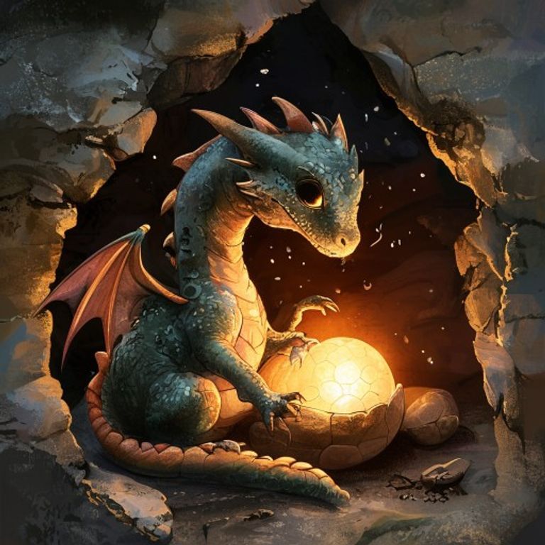 Small sunset-colored dragon curled around leathery dragon eggs, singing softly with golden light emanating from her mouth in a cold dark cave