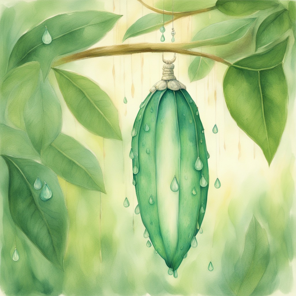Pip's jade-green chrysalis hanging like a precious jewel among the milkweed leaves