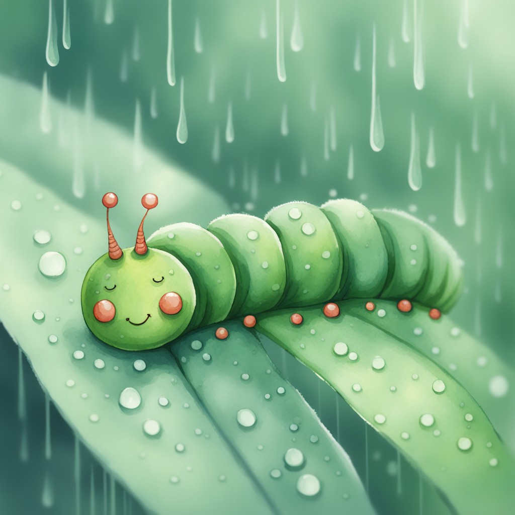 Coco the caterpillar waiting during a rain shower