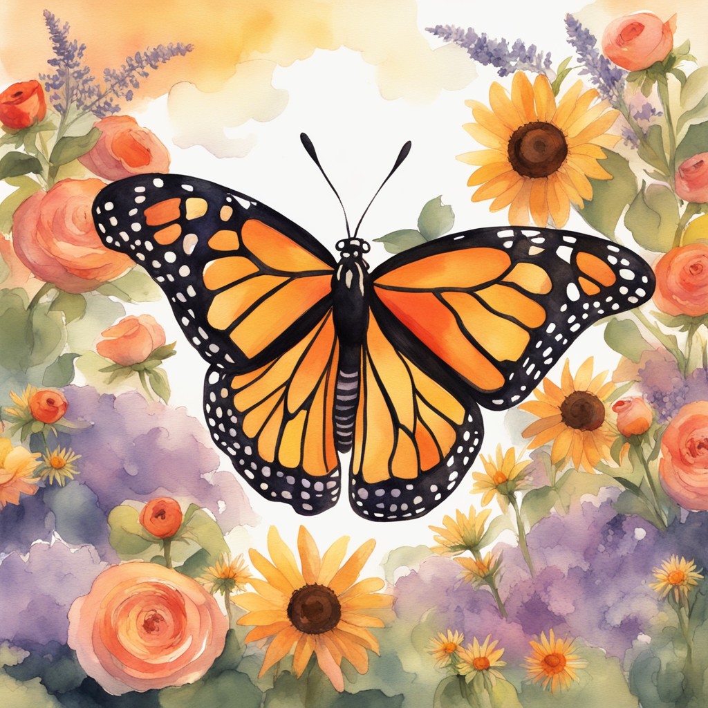 Pip the butterfly soaring over the sun-dappled garden with magnificent orange and black wings