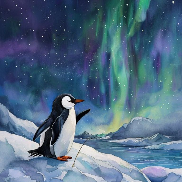 Young penguin practicing singing with old teacher penguin under northern lights