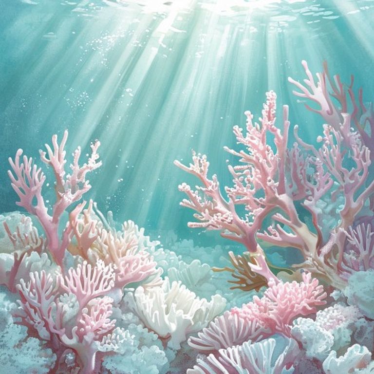 Tiny pink gold coral polyp with delicate tentacles open on vast white bleached coral reef skeleton, turquoise water, shafts of sunlight, lonely but beautiful, children's book illustration pastel