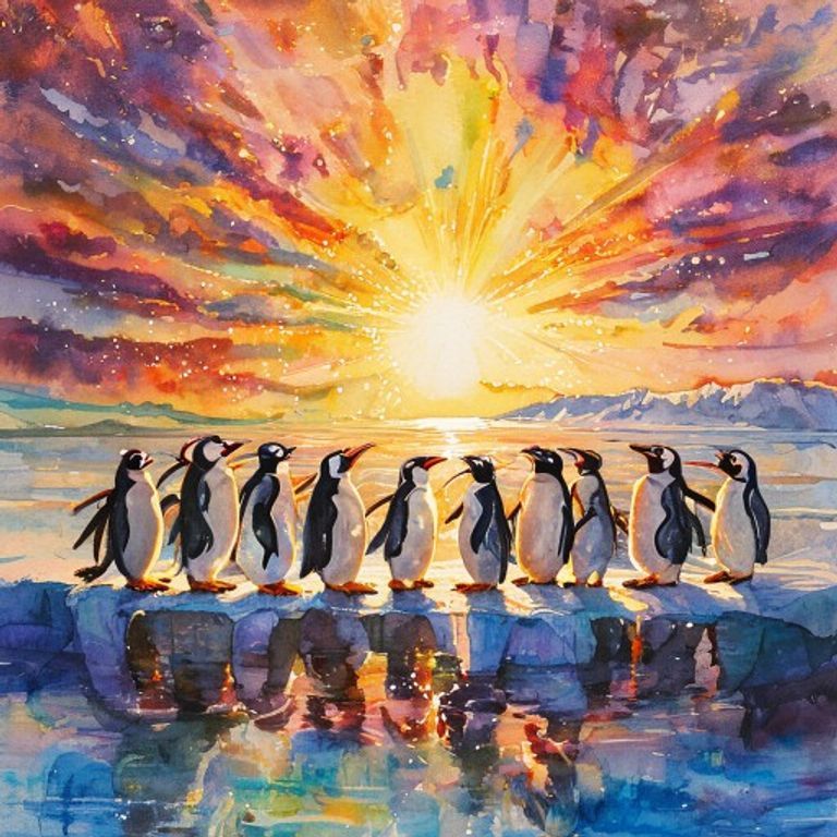 Colony of penguins singing together as the sun rises in brilliant colors
