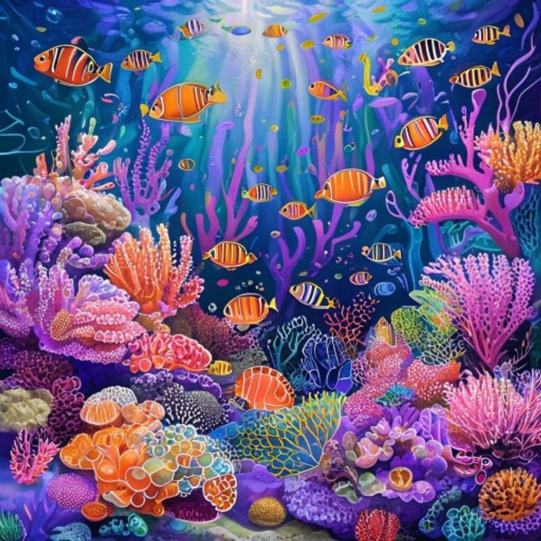 Vibrant colorful living coral reef with pink gold coral in center, schools of fish swimming, sea turtle grazing, sea anemones, purple brain coral, orange tube sponges, magical underwater light, children's book illustration pastel