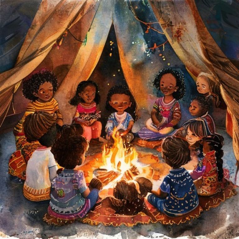 Children of diverse cultures sitting together in a circle around a warm fire