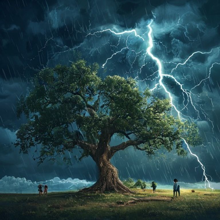 Young proud oak tree standing rigid during violent storm, lightning in dark sky, while willow tree bends gracefully nearby, dramatic weather illustration, children's book style