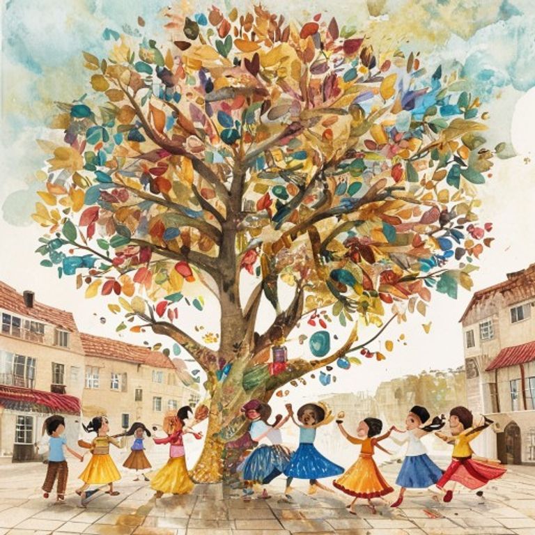 Children of all cultures dancing together around a colorful tree