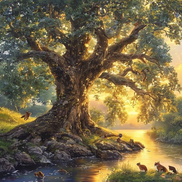 Majestic oak tree gently swaying with willow tree beside peaceful river, golden sunset light, animals playing in branches, harmonious forest scene, children's book illustration