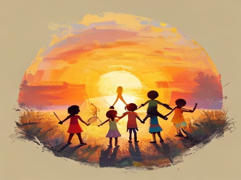 Children holding hands in unity at sunset