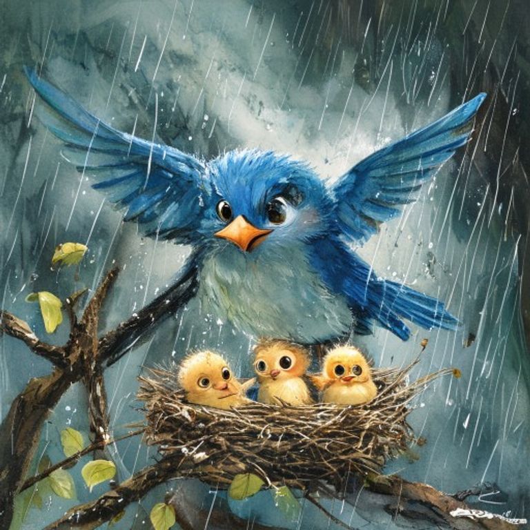 Skye the bluebird shielding her tiny siblings from a rainstorm with her wings