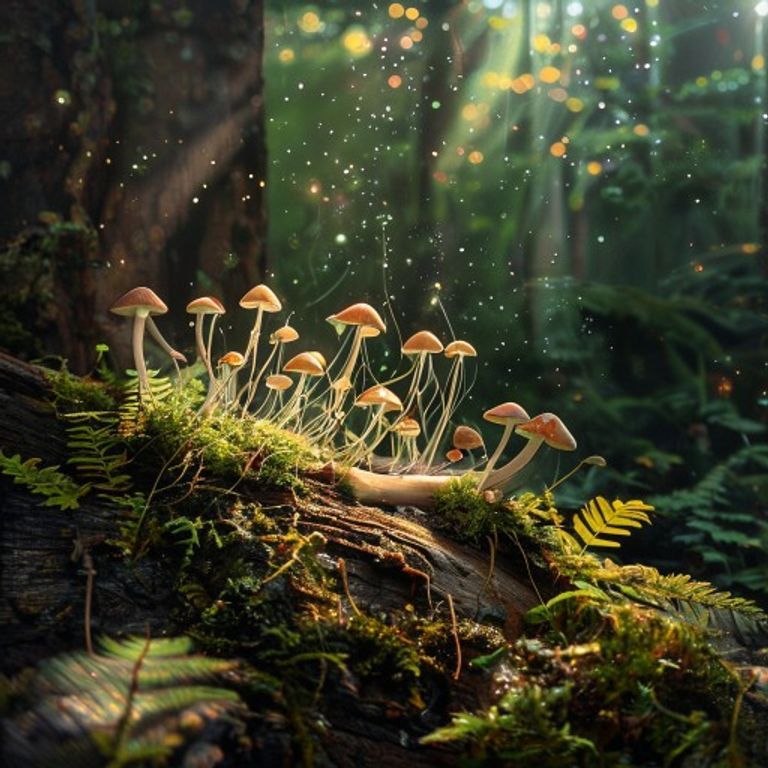Tiny young cream-colored mushroom with delicate threads spreading through fallen oak log bark, dark forest floor, moss and ferns, dappled sunlight, magical spores floating, children's book illustration pastel