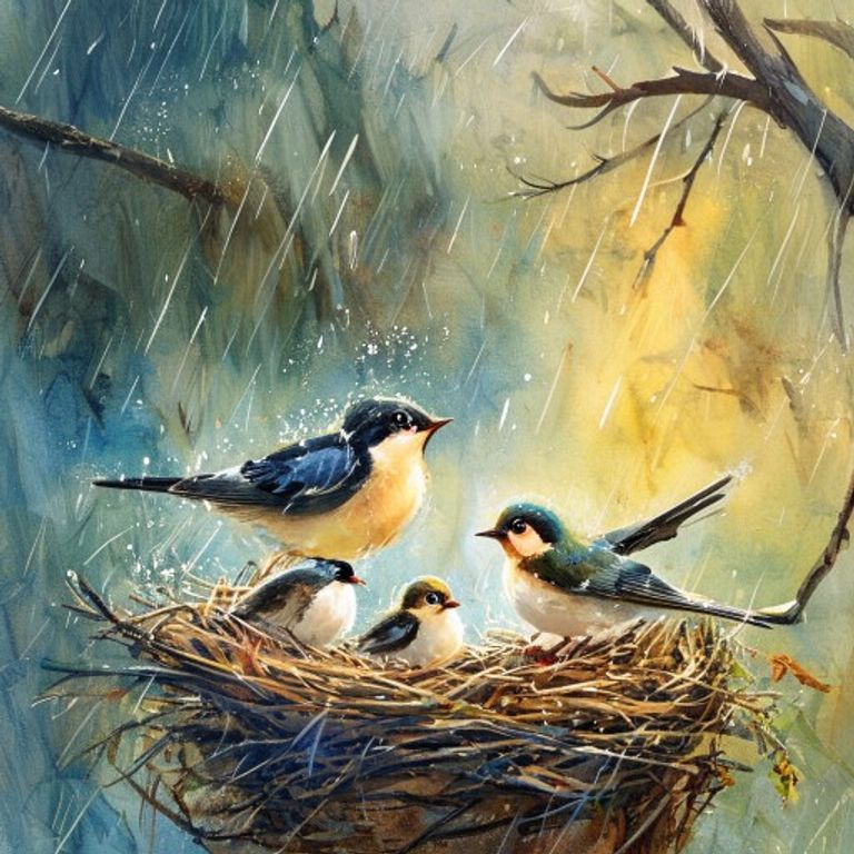 Pip protecting baby birds during the storm