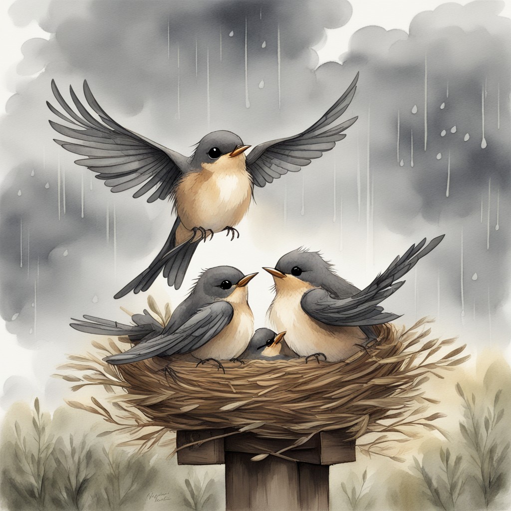 Wren spreading his wings over his siblings during the storm