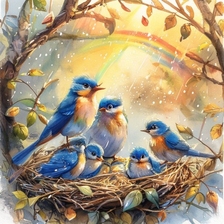 The bluebird family together in their cozy nest after the storm with a rainbow
