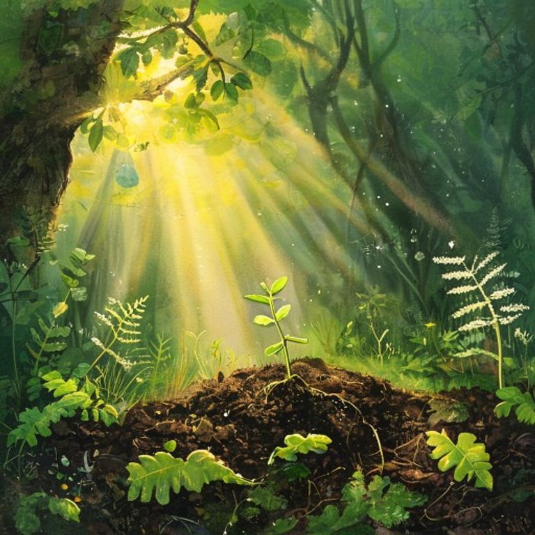Tiny green oak seedling sapling sprouting from rich dark soil in sunlit forest clearing, ferns and wildflowers around it, magical golden light, dewdrops on spider web, children's book illustration pastel