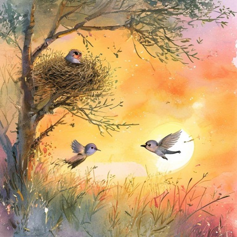 Pip flying joyfully over the meadow at sunset