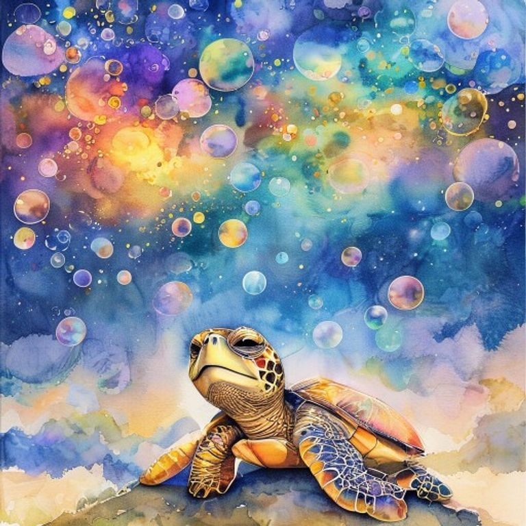 A young turtle with eyes closed dreaming magically, above his head a beautiful vision of a dawn sky with hundreds of shades of blue, gold, rose and purple