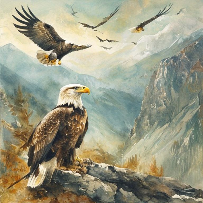 Young eagle with broken wing sitting on ground ledge looking up sadly at other eagles flying in sky above mountain valley, golden feathers dull, moody atmosphere, children book illustration pastel style soft watercolor