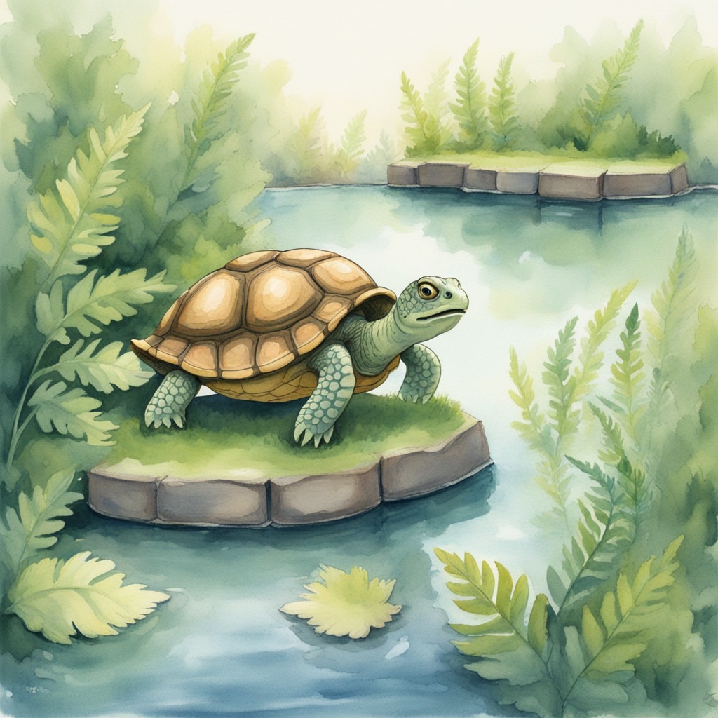 Tilly stepping out from beneath her fern to help the lost duckling