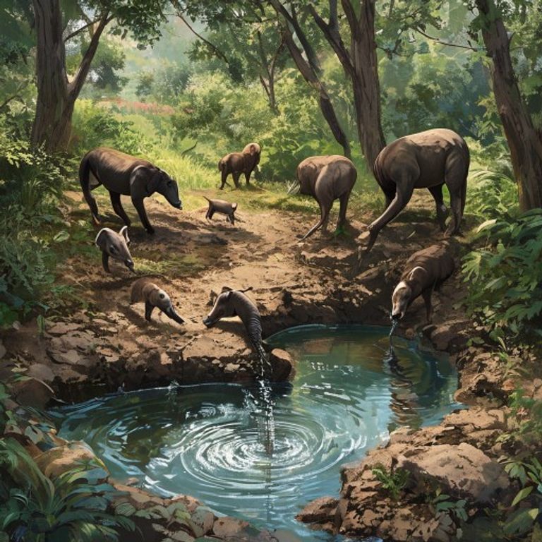 A young turtle directing a group of friendly frogs and other turtles digging a water channel, water beginning to flow and sparkle in sunlight