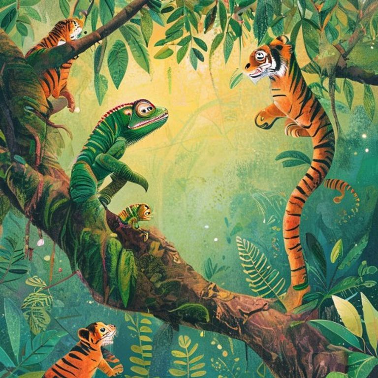 Kira glowing on the highest branch while the tiger family watches in awe