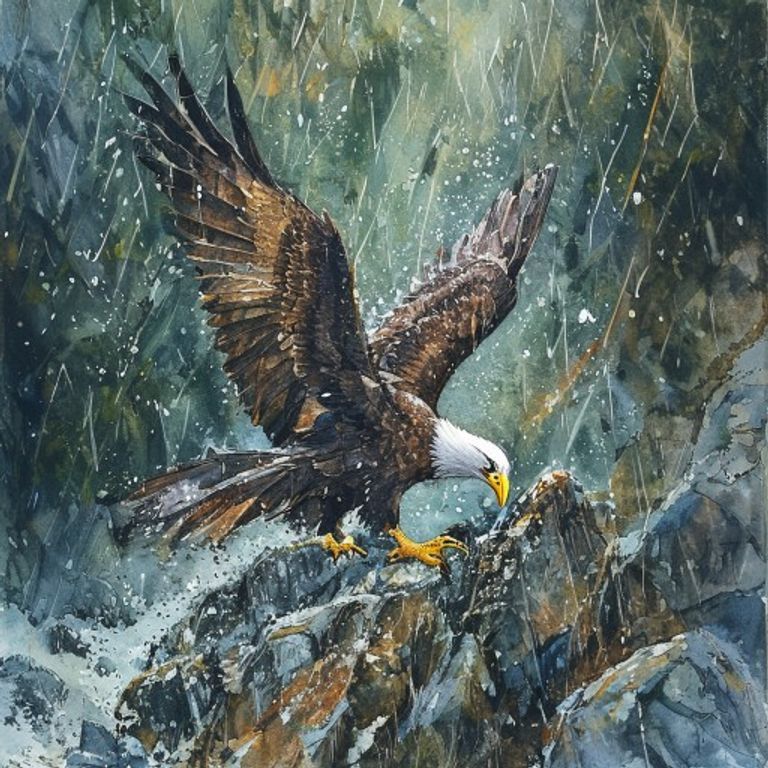 Eagle with broken wing climbing wet rocky ravine in fierce storm, shielding young eagle with her body, rain and wind, dramatic heroic scene, children book illustration pastel style soft watercolor