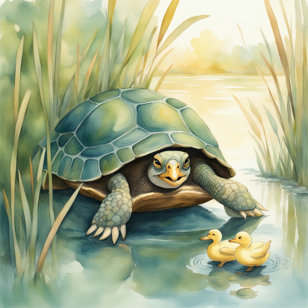 Theo the turtle bravely carrying the lost ducklings to safety through the reeds