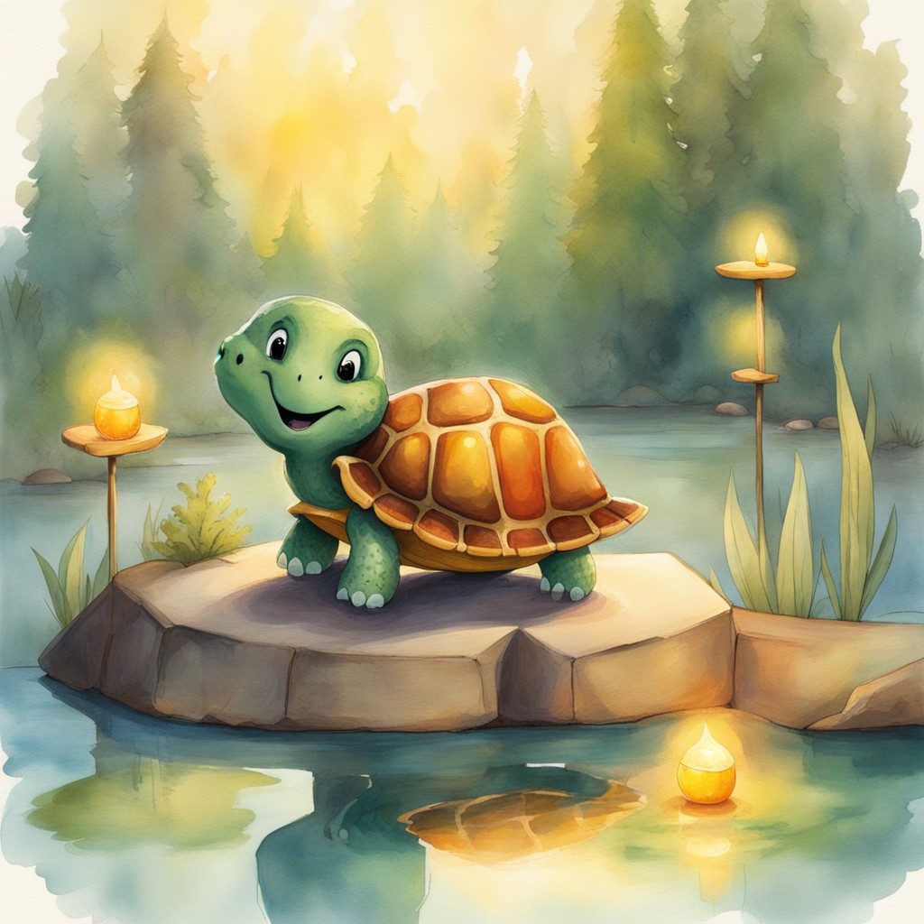Theo standing proudly on the festival stage as his shell glows with golden light