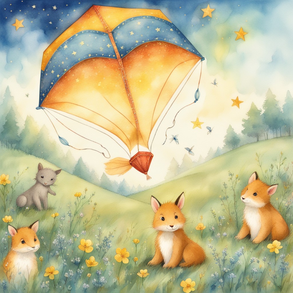 The beautiful kite painted with meadow flowers and tiny animals