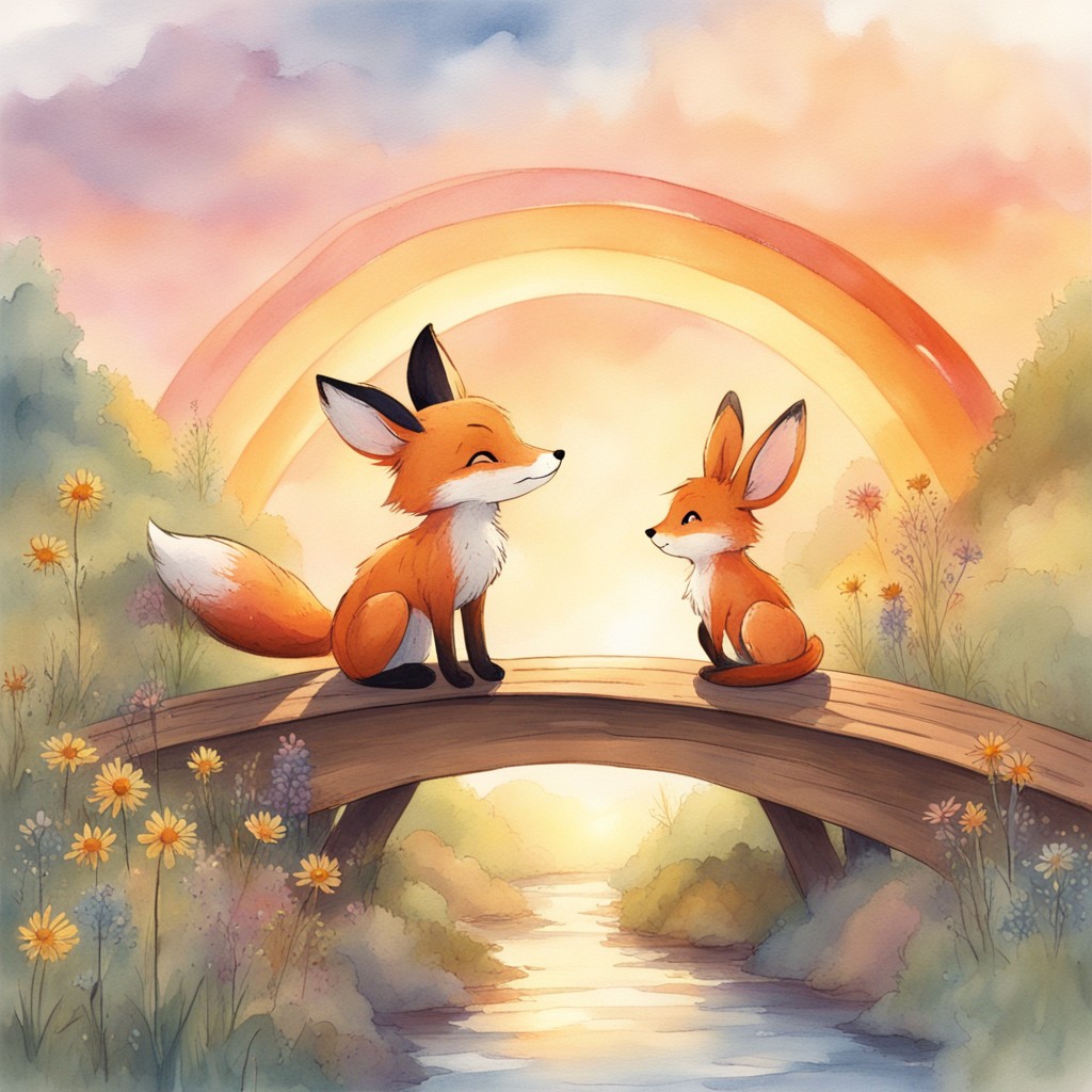 Lila and Benny meeting on the Rainbow Bridge at sunset