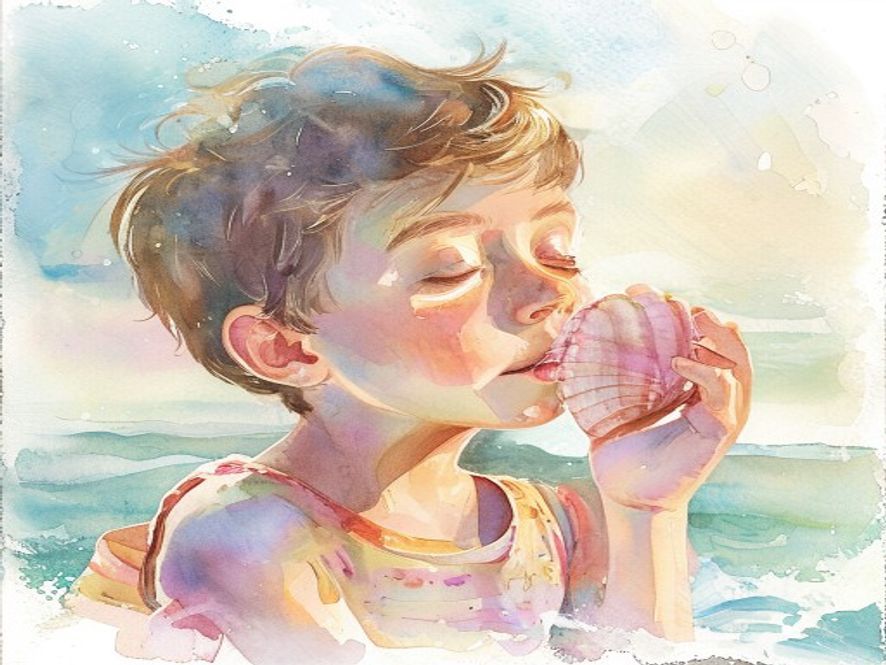 Grandmother holding the magical shell and hearing the lullabies